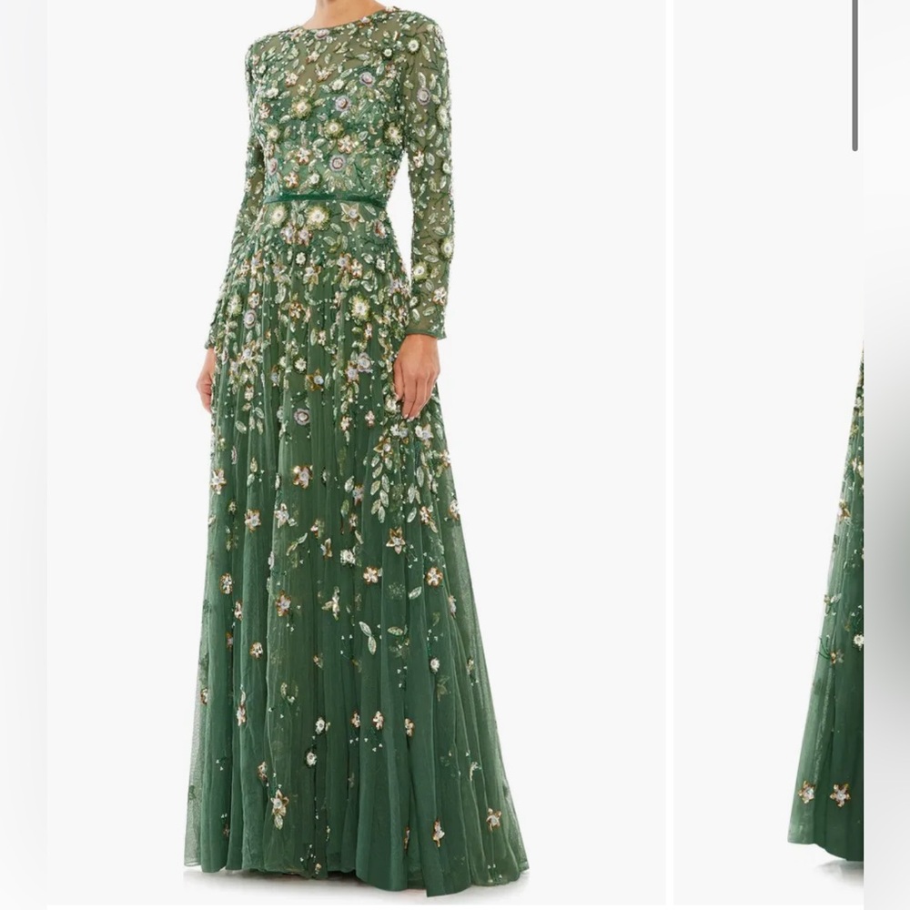 Mac Duggal Green Floral Long Sleeve Dress